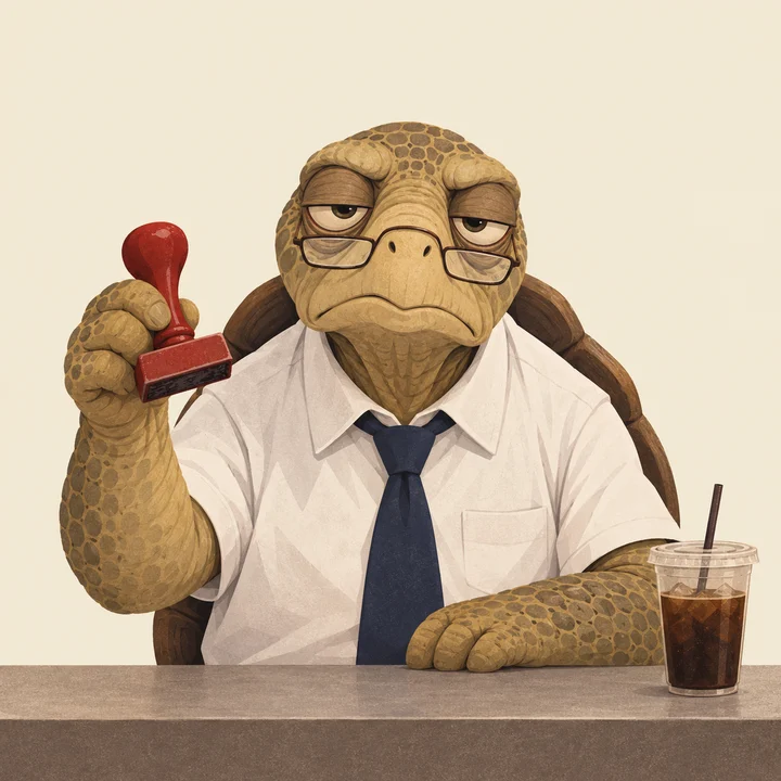Bernard, an old tortoise in a white short-sleeve shirt and tie, holding a red rubber stamp